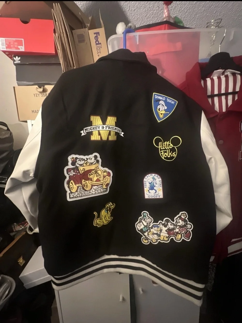 Men's Black and White Mickey Varsity Bomber Jacket